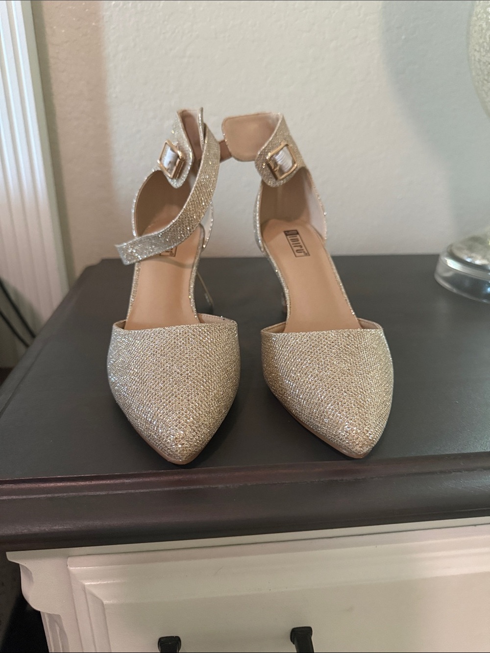 Women's Glitter Ankle-Strap Pointed Toe Heels - Gold